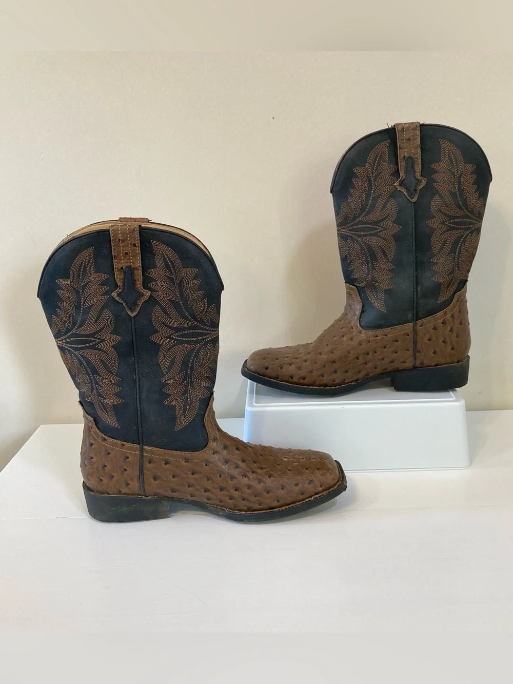 Roper Youth Sz 6 Western Cowboy Boots Black Brown Ostrich